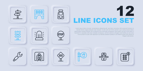 Set line Route location, Online ticket booking, Flasher siren, Cafe and restaurant, Railroad crossing, Train railway tunnel, Bridge for train and icon. Vector