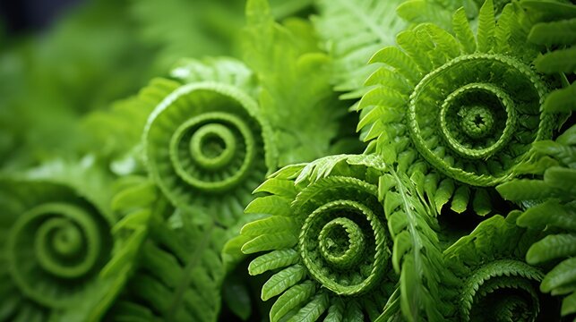 A close-up of a fern's fiddlehead texture pattern, showcasing the spiral-shaped new growth with intricate patterns in shades of green