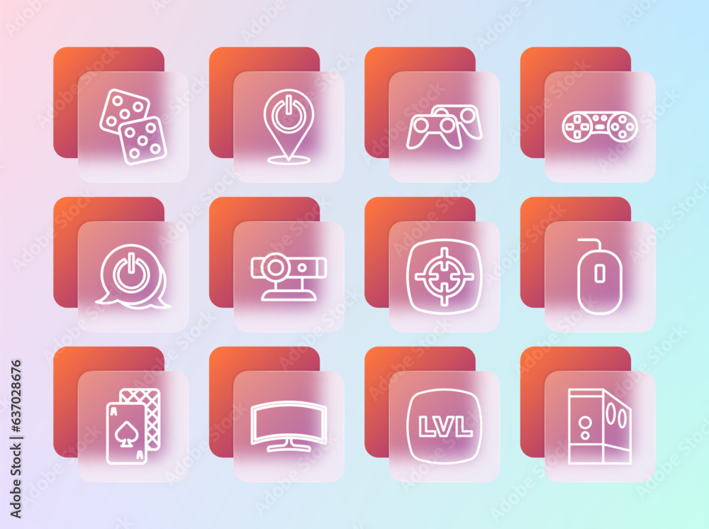 Poster set line game controller or joystick, computer monitor, target sport, level game, web camera, dice a