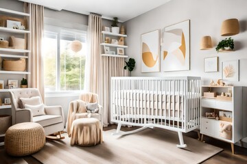 Modern and Stylish Minimalist Baby Nursery Room Interior with Natural Light, Featuring White Crib, Cozy Armchair, and Elegant Decorations