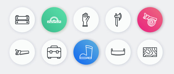 Set line Waterproof rubber boot, Hand saw and log, Two-handed, Wooden axe, Protective gloves, beam and Toolbox icon. Vector