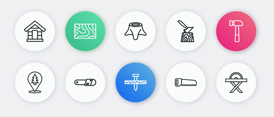 Set line Metallic nail, Hammer, Location of the forest, Hand saw, Wooden axe in stump, Tree, Electric circular and Chainsaw icon. Vector
