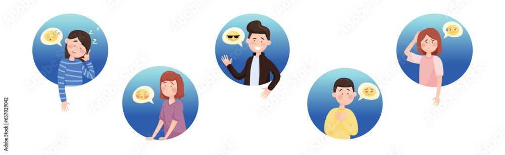Poster people emoji with face emotion expressing different feelings in round shape vector set