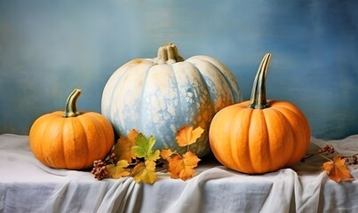 pumpkins, many pumpkins of different colors and shapes, in a basket, still life. AI generated