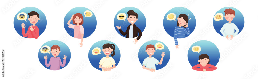 Poster people emoji with face emotion expressing different feelings in round shape vector set