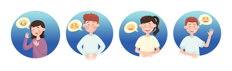 People Emoji with Face Emotion Expressing Different Feelings in Round Shape Vector Set