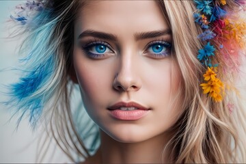 A woman with striking blue eyes and a delicate flower adorning her hair