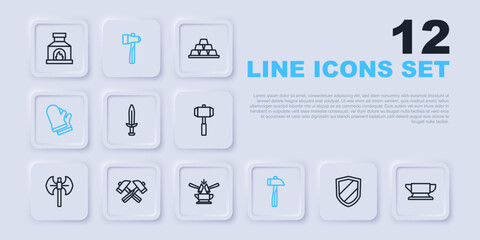 Set line Shield, Blacksmith anvil tool, Medieval sword, Hammer, Protective gloves, Crossed hammer, and Anvil and icon. Vector