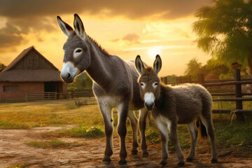Wholesome Family Scene: Donkey and Foal Enjoy Farm Life
