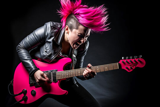 Rebellious businesswoman in punk rock style, passionately playing a hot pink electric guitar with grunge grey studio backdrop.