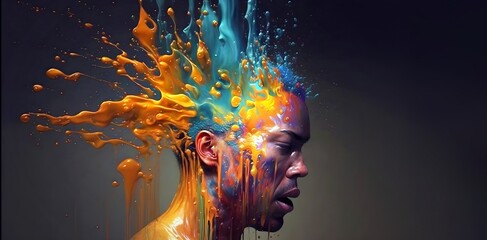 African male energy young guy portrait, face man stylish with splash colorful paint - obrazy, fototapety, plakaty