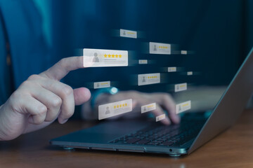 Customer review good rating concept, customer review by user and five star feedback level selected, positive customer feedback testimonial.	