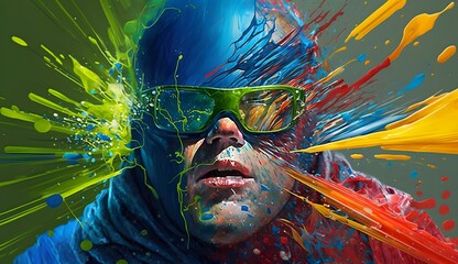 Male energy young guy portrait, face man stylish with splash colorful paint - obrazy, fototapety, plakaty