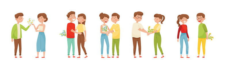 Young Man Giving Bouquet of Flowers to Happy Woman Vector Set
