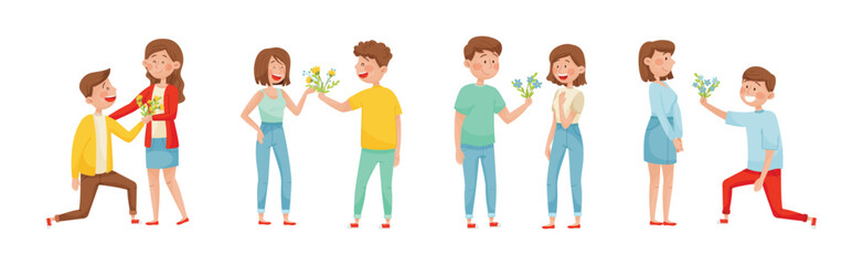 Young Man Giving Bouquet of Flowers to Happy Woman Vector Set