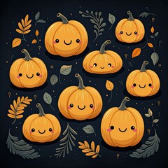 Cute pumpkins illustration on black background