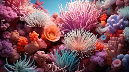 An image capturing the vibrant texture of a coral reef, with intricate formations, colorful coral polyps, and a variety of marine life
