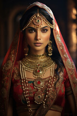 Portrait of beautiful indian girl. Young hindu woman model with golden kundan jewelry set . Traditional Indian costume lehenga choli 