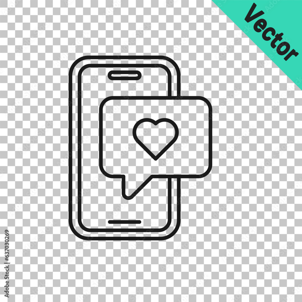 Aufkleber black line smartphone with heart emoji speech bubble get message on screen icon isolated on transpar