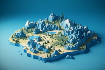this map is on a flat blue background, with a grassy area, in the style of surreal 3d landscapes, photorealistic rendering, copy space, adventure themed, wilderness