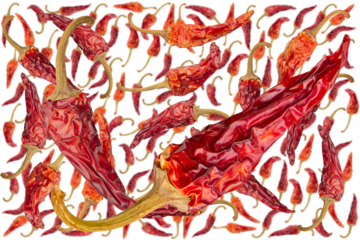Randomly arranged red, hot, dried chili peppers isolated on transparent background.