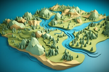 this map is on a flat blue background, with a grassy area, in the style of surreal 3d landscapes, photorealistic rendering, copy space, adventure themed, wilderness
