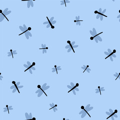 Cute pattern with dragonflies on light blue. Spring insects children pattern in hand drawn style. Children spring pattern in blue. Vector illustration