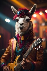 Fototapeta na wymiar A llama playing a guitar with style and flair