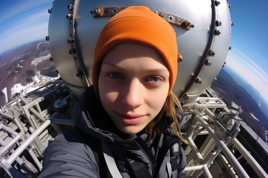 Portrait of an blond girl on top of a giant radio antenna