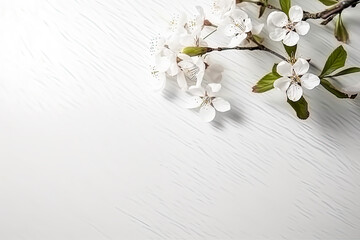 Greeting card template with white flowers on white laminate floor. Top view, side lighting, copy space, minimalism