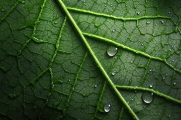Texture of green leaves with dew droplets. Generative AI