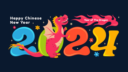 Cartoon Happy Chinese New Year 2024, cute dragon zodiac character with 2024 number