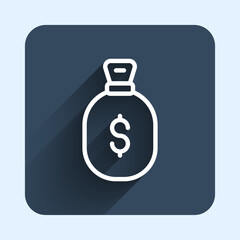 White line Money bag icon isolated with long shadow background. Dollar or USD symbol. Cash Banking currency sign. Blue square button. Vector