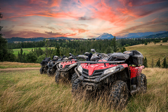 Quad ATV Offroad on green hills mountains background skin Zakopane Poland, alpes, sky, 
