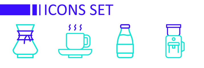 Set line Electric coffee grinder, Milk bottle, Coffee cup and Pour over maker icon. Vector