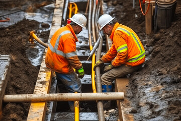 Engrossing scene of two technicians diligently repairing a public electrical line in trench during a chilly autumn rain. Emphasizes expertise and dedication.