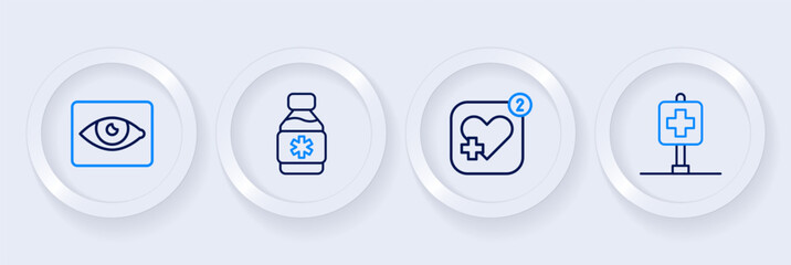 Set line Location hospital, Mobile with heart rate, Bottle of medicine syrup and Red eye effect icon. Vector