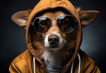 Portrait of a dog in a hooded jacket and sunglasses.