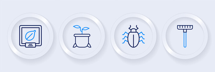 Set line Garden rake, Colorado beetle, Plant in pot and Seeds of specific plant icon. Vector