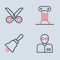 Set line Law pillar, Ringing bell, Teacher and Scissors icon. Vector