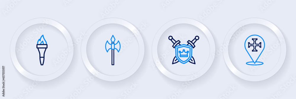 Poster set line crusade, shield with swords, medieval axe and torch flame icon. vector
