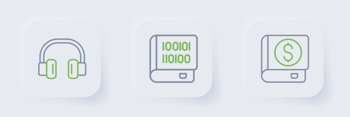 Set line Financial book, Books about programming and Headphones icon. Vector