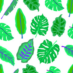 Vector seamless pattern with neon green tropical leaves on white. Vector illustration