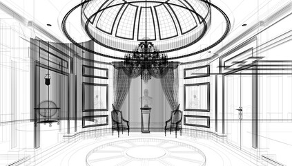 Luxury classic architectural interior, hall with armchairs and sculptures, 3d rendering, 3d illustration