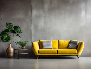 Loft style interior, bright sofa, concrete wall texture