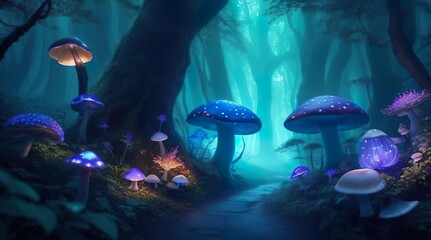 Fototapeta na wymiar Glowing Whispers - Magical Woods Alive with Mythical Wonder