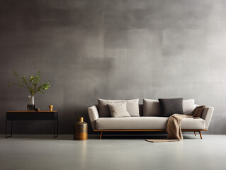 Loft style interior, white sofa, concrete wall texture