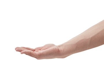 Man hand to hold something isolated on white