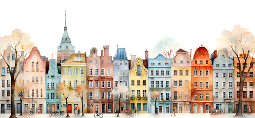 Cozy city street cartoon watercolor banner isolated on transparent background