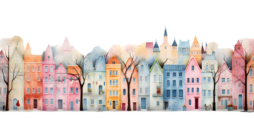 Cozy city street cartoon watercolor banner isolated on transparent background
